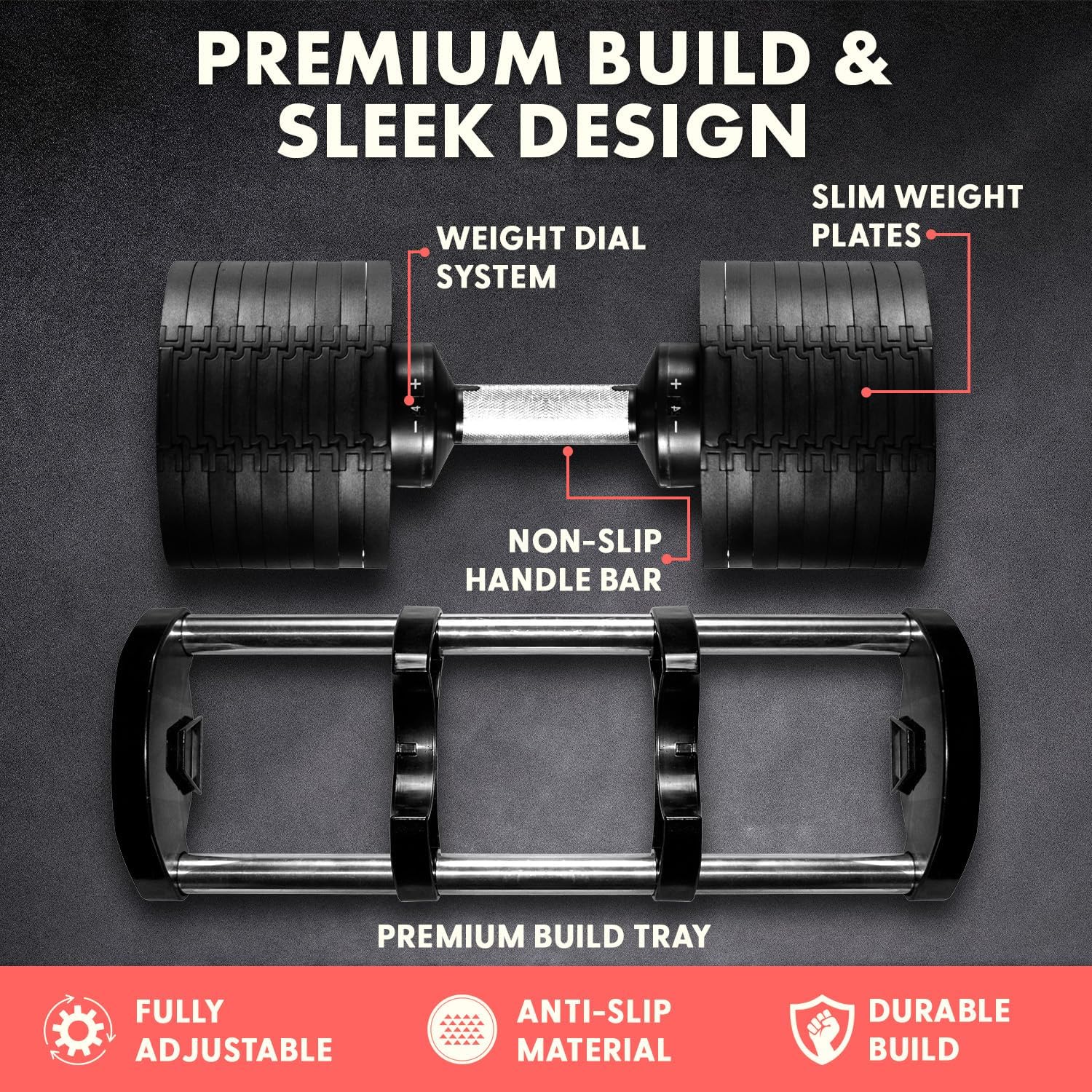 SQUATZ 70lb Adjustable Dumbbell 9 in 1 Weight Options, Fitness Equipment with Anti-Slip Metal Handle, Quick Change Weight Adjustment with Twist Lock Technology, for Full Body Workout and Weightlifting - Image 3
