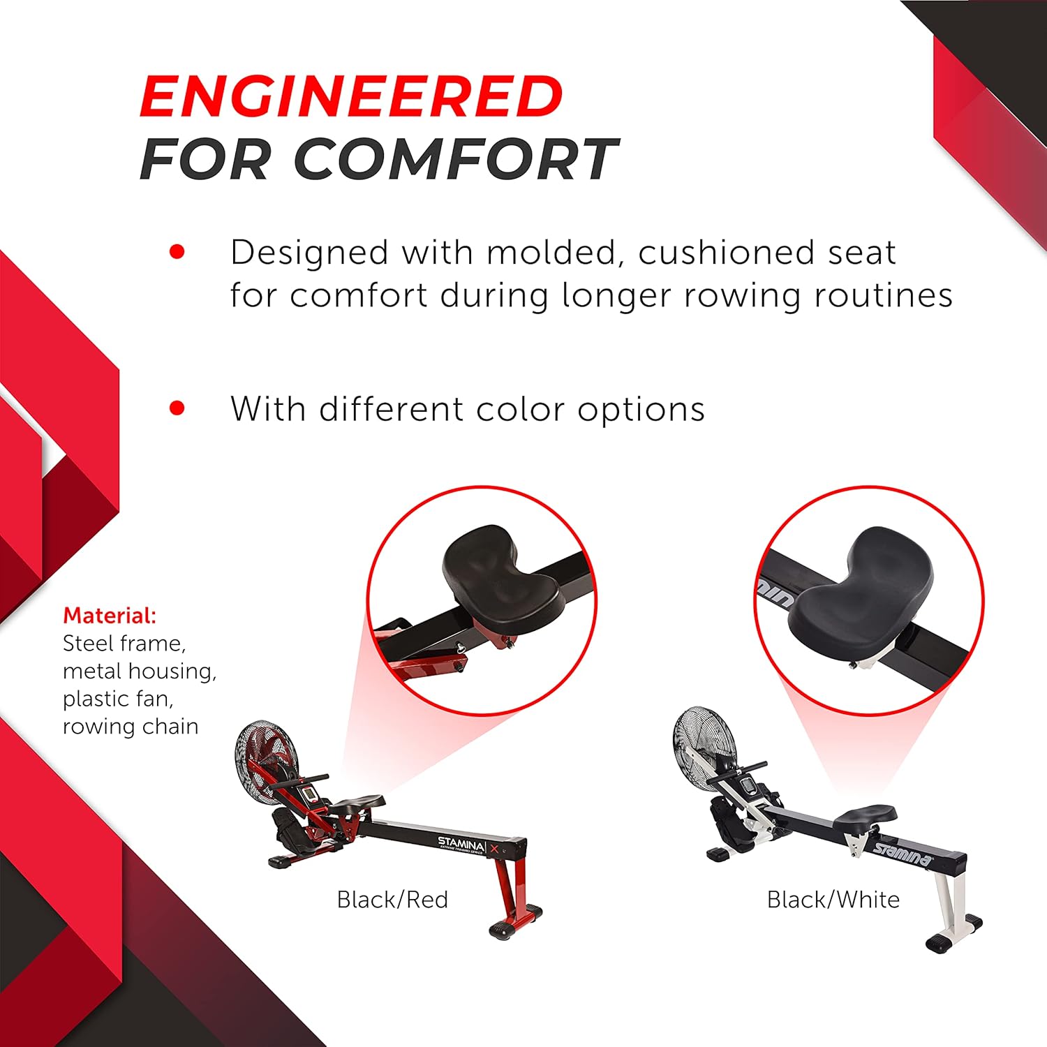 Stamina X Air Rower - Rower Machine with Smart Workout App - Rowing Machine with Air Resistance for Home Gym Fitness - Up to 250 lbs Weight Capacity - Black/Red - Image 8