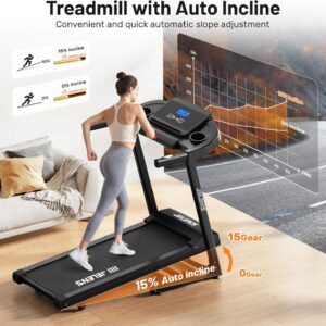 Treadmill for Home with 0-15% Auto Incline, Foldable Walking Pad Treadmill with 330LBS Weight Capacity and Pulse Sensors, 3.0HP Quiet Walking Pad with App and LCD Display
