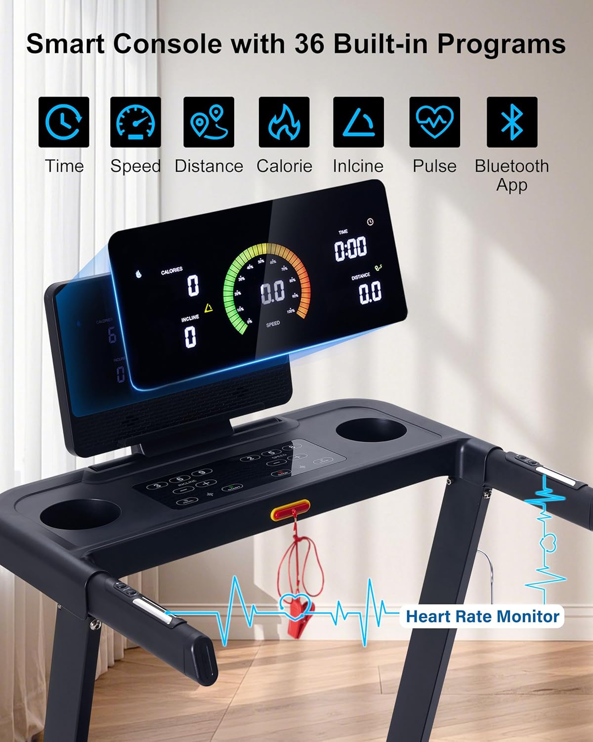 Auto Incline Treadmill, 20% Incline, 3.0HP, 10 MPH Running Machine, 18.5" Wide Belt, 350 lbs Capacity, Treadmill for Home with Bluetooth App - Image 2