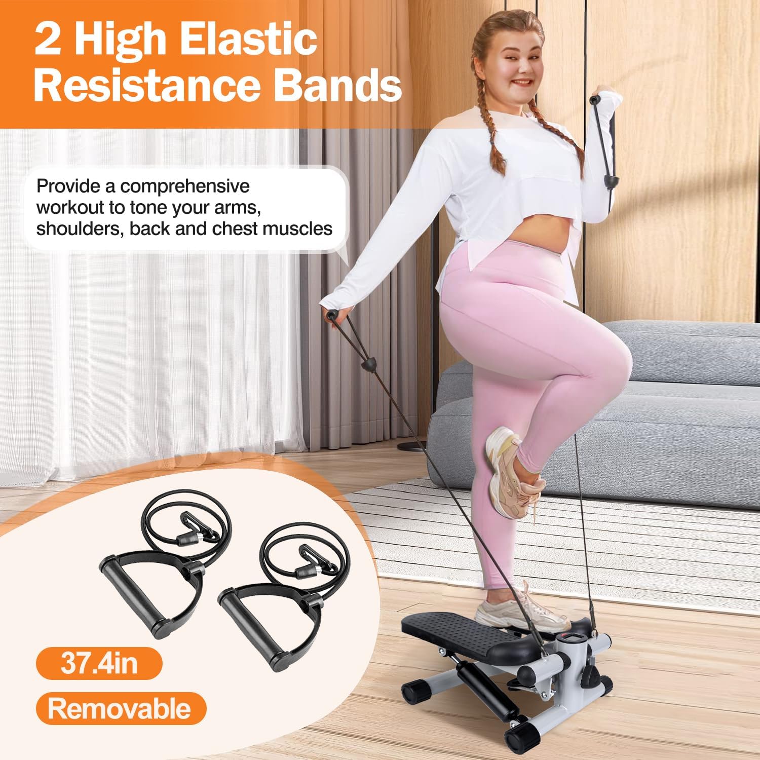 Stepper for Exercise at Home, Stair Stepper with 2 Resistance Bands, Mini Stepper with 300LBS Loading Capacity & LCD Monitor, Super Quiet Hydraulic Fitness Steppers Full Body Workout Machine - Image 4