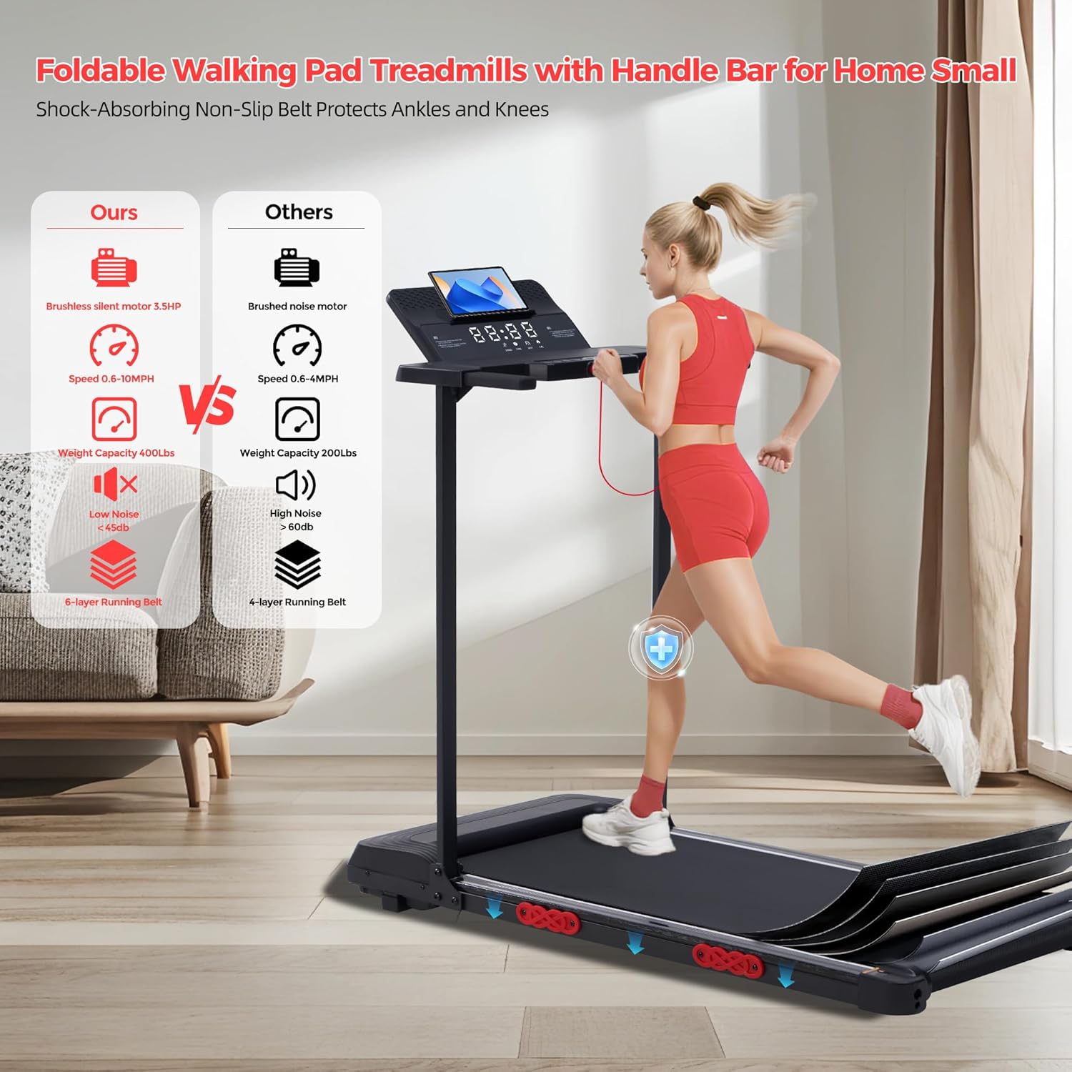 Electric Walking Pad with Handle Bar, 0.6-10MPH Portable Walkingp Pads Treadmills with Handles for Home Apartment Small, 3.5HP Foldable Folding Compact Treadmill for Small Spaces, LED Display, 400LBS - Image 5