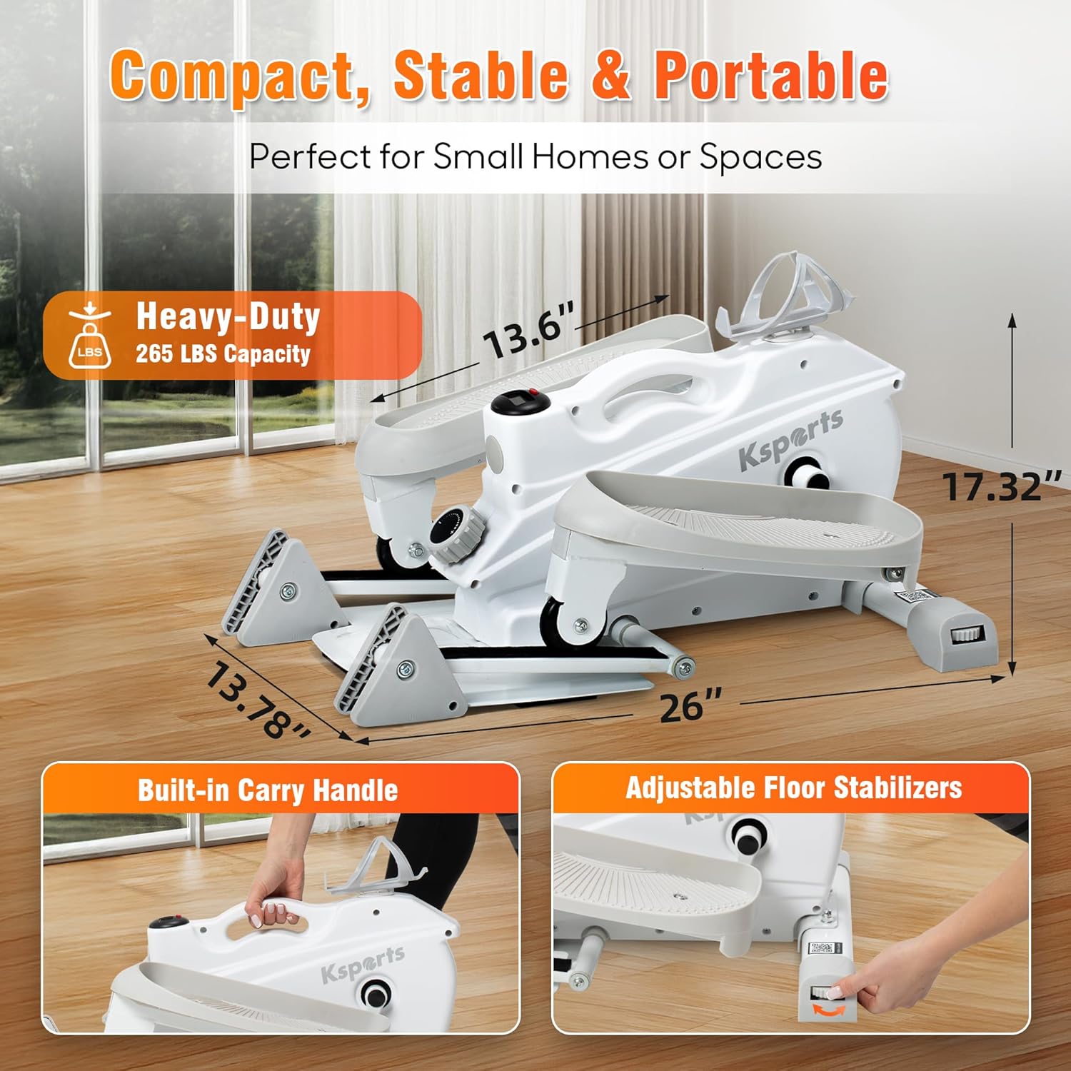Ksports Mini Elliptical with Optional Handles & Seat, 3 Levels Manual Incline, Quiet Infinite Adjustable Magnetic Resistance, and LED Display – Joint-Friendly and Versatile Design - Image 2