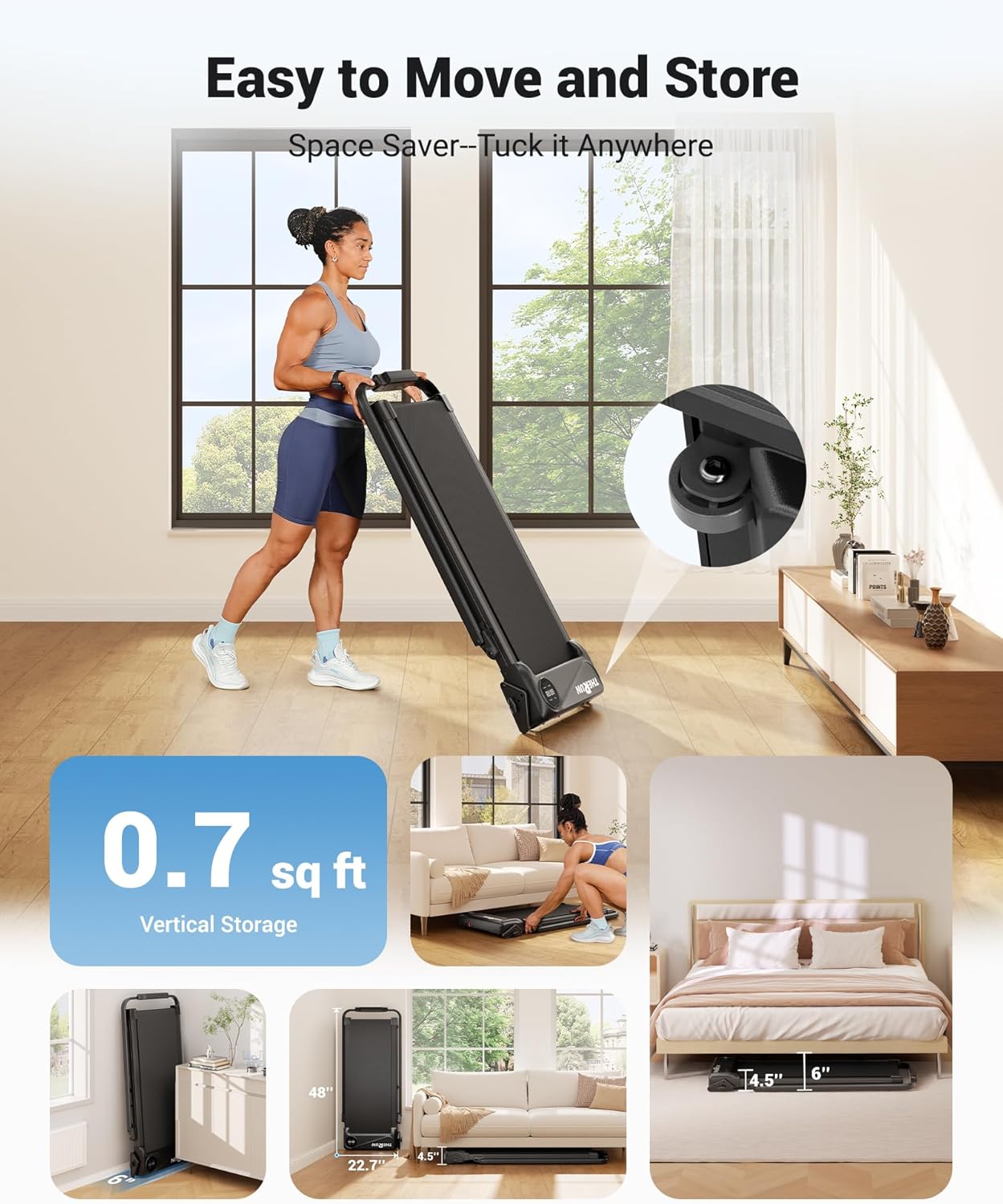 THERUN Walking Pad, 2 in 1 Foldable Treadmills for Home, 2.5HP Under Desk with Handle Bar, 16" Widened Running Belt, with Remote Control - Image 6