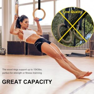 Wood Gymnastic Rings with Adjustable Number Suspension Trainer Straps with Cam Buckle 15ft Olympic Rings 32/28mm Heavy Duty 1543/992lbs for Pull Up Bar Workout Exercise Gym Hanging Rings Indoor