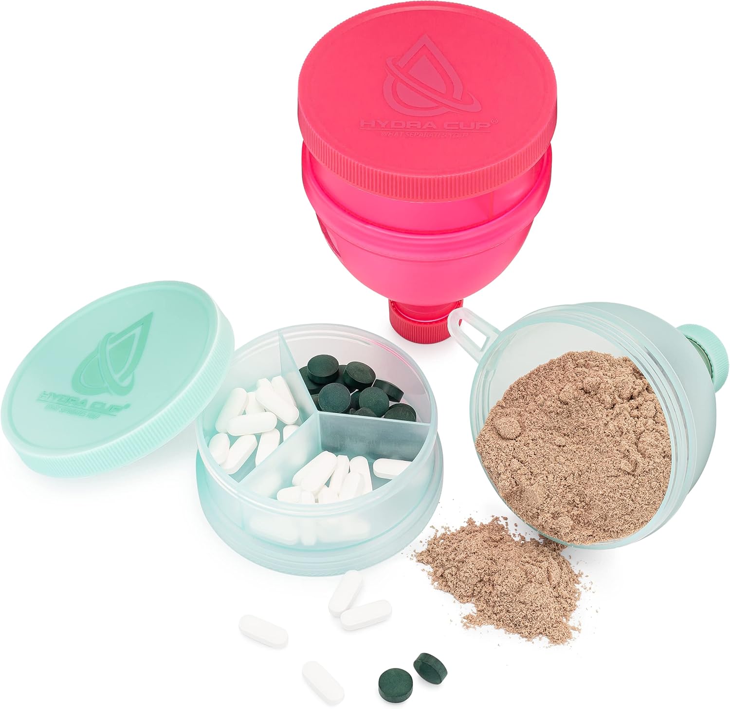 Hydra Cup [4 Pack Funnels for Filling Water Bottles with Protein Powder, 3 Compartment Pill Storage, Supplement Container Set to Go or Kitchen Use, Keychain for Shaker Cup - Image 4