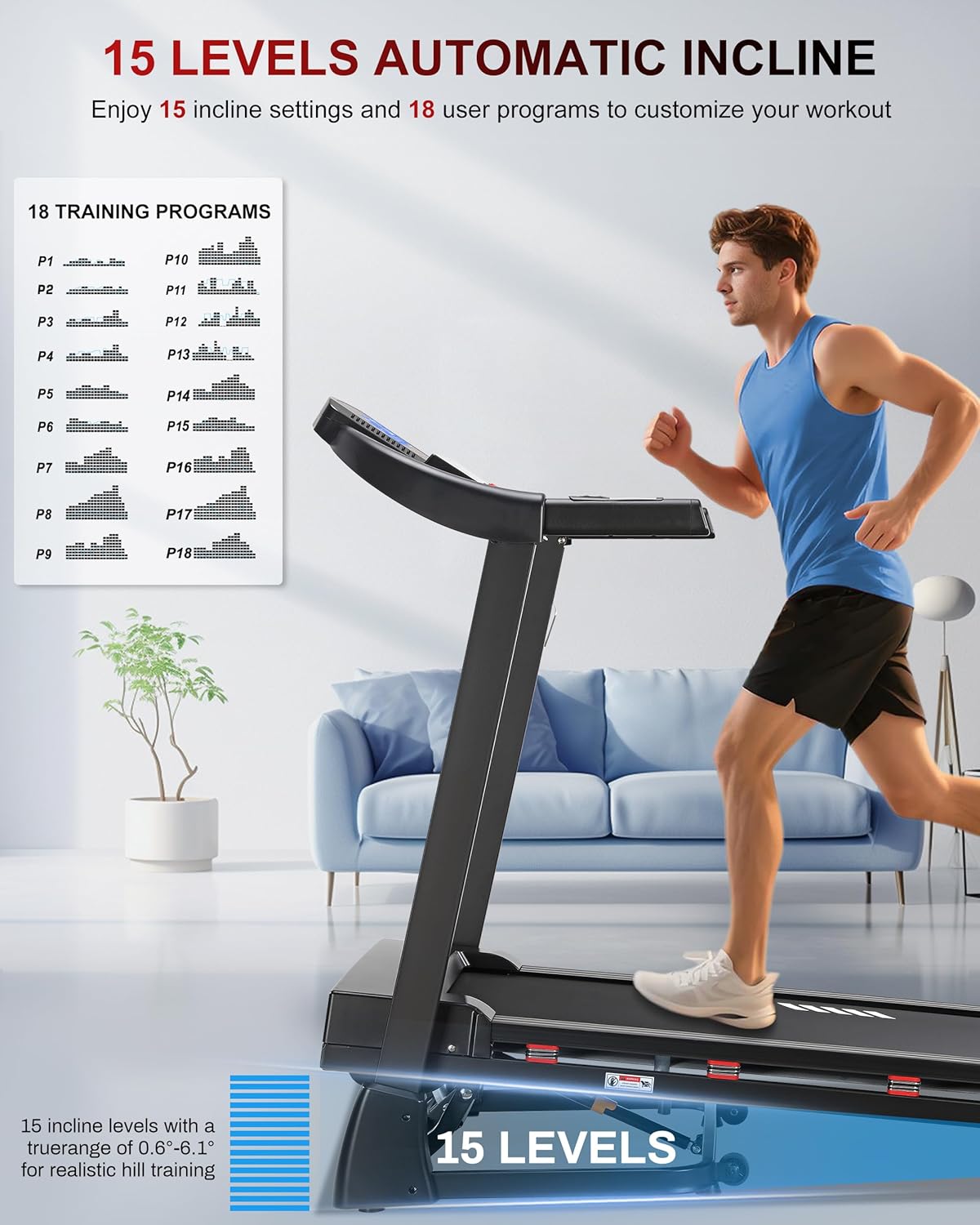 ECHANFIT Treadmill with 15% Auto Incline, Folding Treadmill for Home, 0.6-10 MPH, 350 LB Capacity, 18.11" Wide Running Belt, 3.5 HP, Shock Absorption, Bluetooth Speaker & App - Image 2