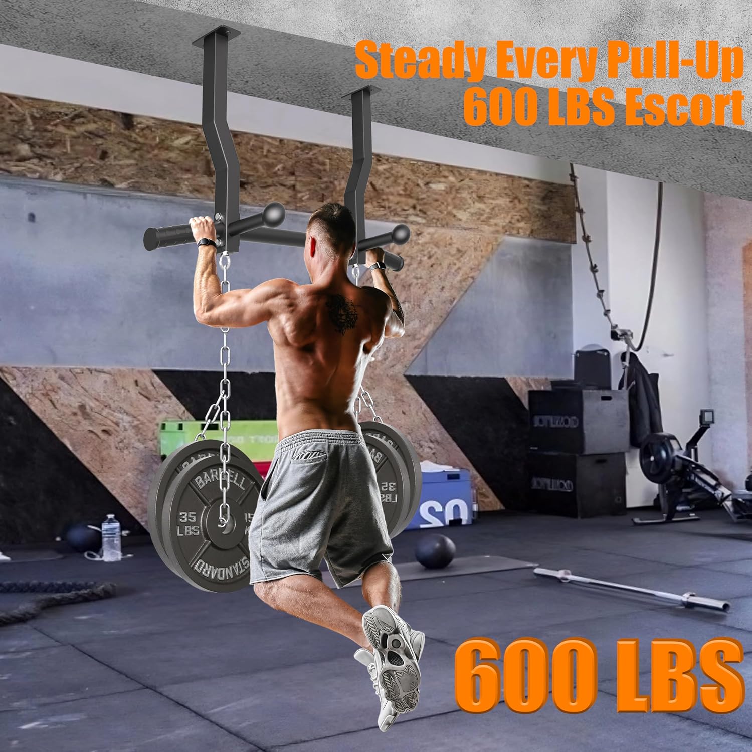Pull Up Bar Ceiling Mount, 600LBS Heavy Duty Multi Grip Chin Up Bar, 24"/16" Rafter PullUp Bar, Ceiling Beam for Gym/Garage/Basement with Ball Finger & Round Anchors, Easy to Install - Image 4