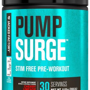 Jacked Factory Pumpsurge Caffeine Free Pre Workout for Men & Women – Nootropic Booster & Stim Free Pre Workout – Intense Pumps, Enhanced Focus – 30 Servings, Cherry Limeade