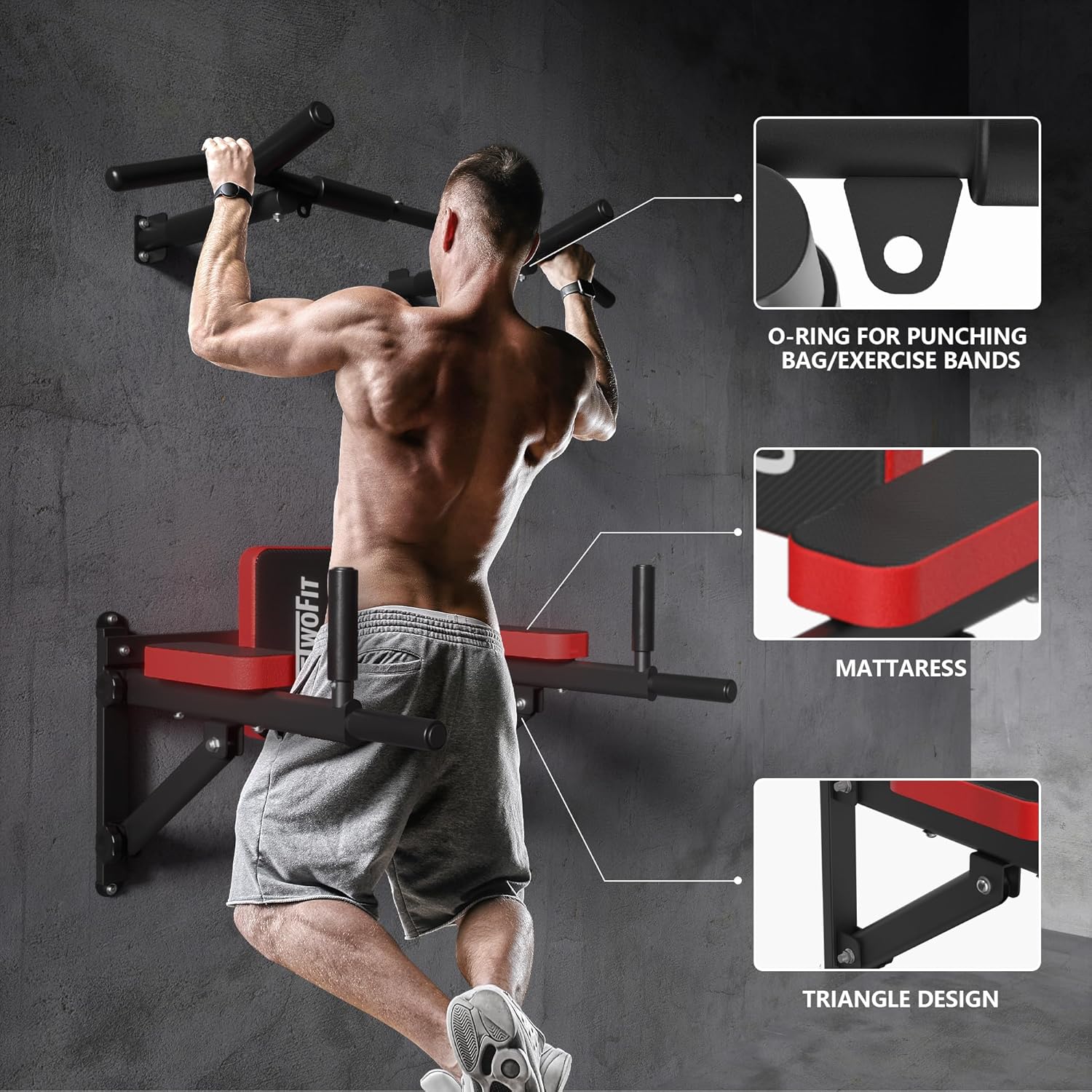 ONETWOFIT Wall Mounted Pull Up Bar, 2 in 1 Pull Up and Dip Bar Station Space Saving Multifunctional Wall Mount Chin Up Bar Indoor Outdoor Strength Training Home Gym Equipment - Image 4
