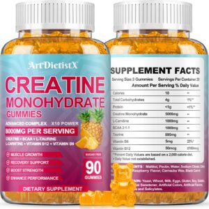 Creatine Monohydrate 8000mg Gummies with BCAA, L-Carnitine, Taurine & Vitamin B12 – Pre Workout Supplement for Muscle Growth, Strength & Energy – Pineapple Flavor Gummies, 180 Count for Men & Women