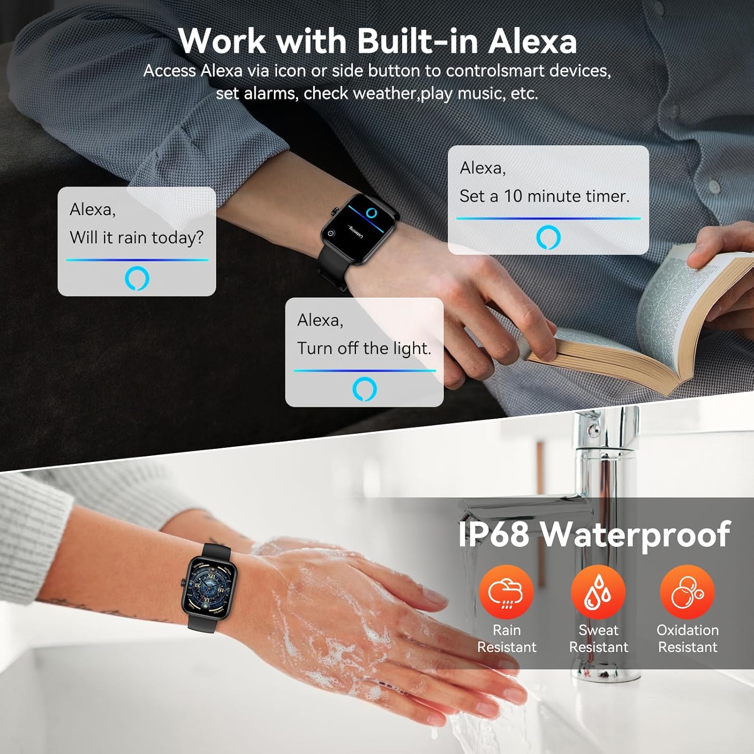 Smart Watch with Alexa Built-in, 1.83" HD Touchscreen Fitness Tracker, Bluetooth Notifications/Calls, IP68 Waterproof, 120+ Sport Modes, 24/7 Heart Rate & Sleep Monitor for iPhone Android iOS (Black) - Image 5