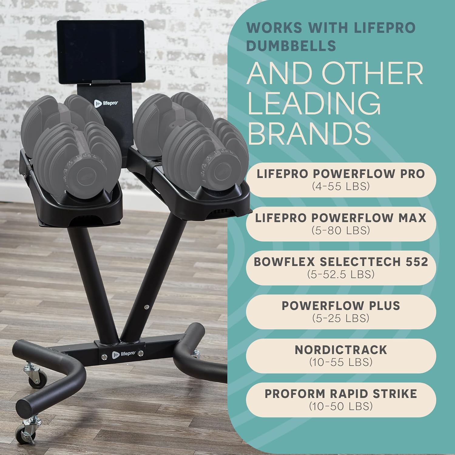 Lifepro Adjustable Dumbbell Stand with Wheels & Phone/Tablet Holder – Compatible with PowerFlow Plus, PowerUp Plus & Other Brands – Smart, Space-Saving Dumbbell Rack for Home Gym - Image 3