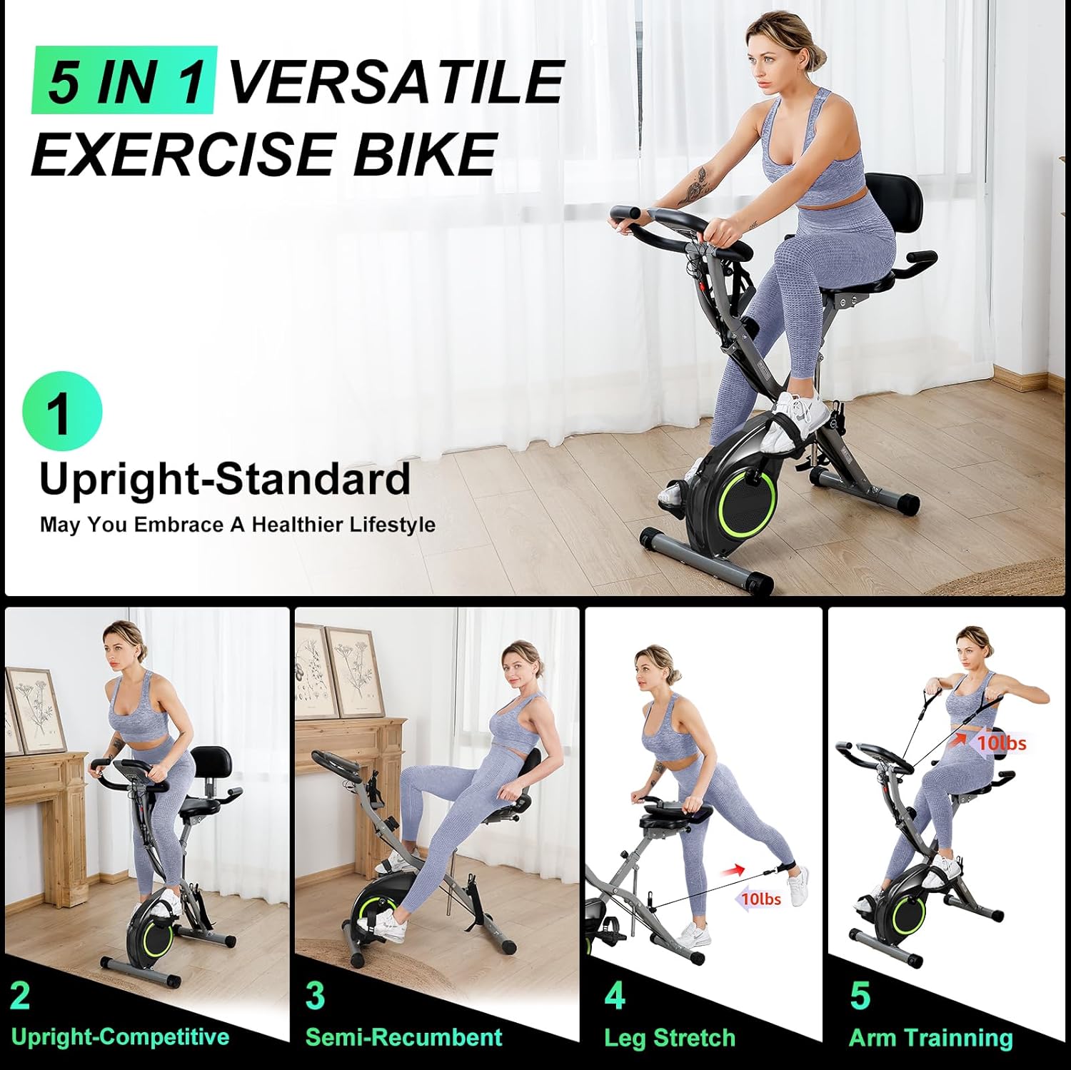 Folding Exercise Bike for Seniors, 5 IN 1 Foldable Stationary Bike with Tri-Position Ride, 300LBS Capacity and 6.6 LBS Magnetic Flywheel, Designed for Home Workout - Image 6