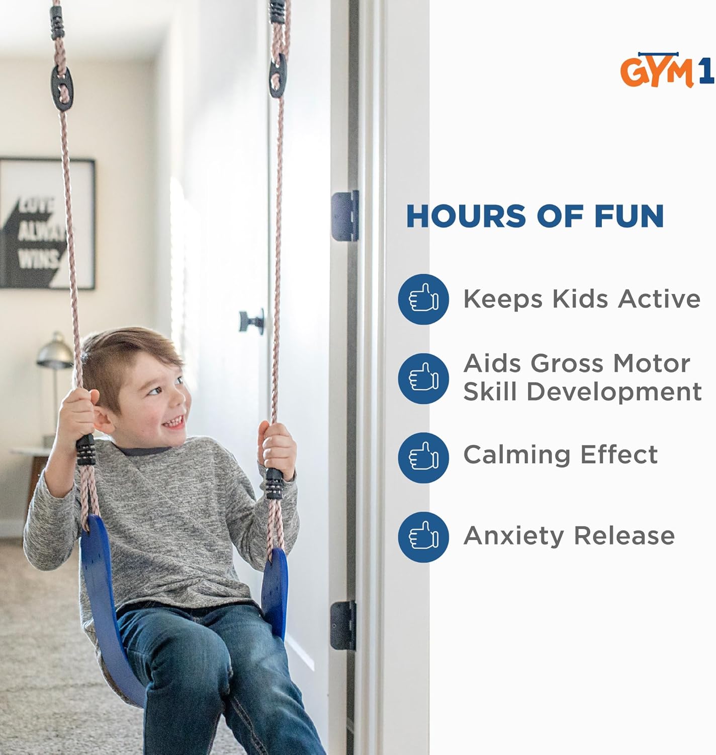 Gym1 Indoor Doorway Gym for Kids & Adults - 4-Piece, Blue - Swing Set with Sensory Swing, Pull Up Bar & Grip Rings, Agility Ladder - 300 lb Capacity - Image 5