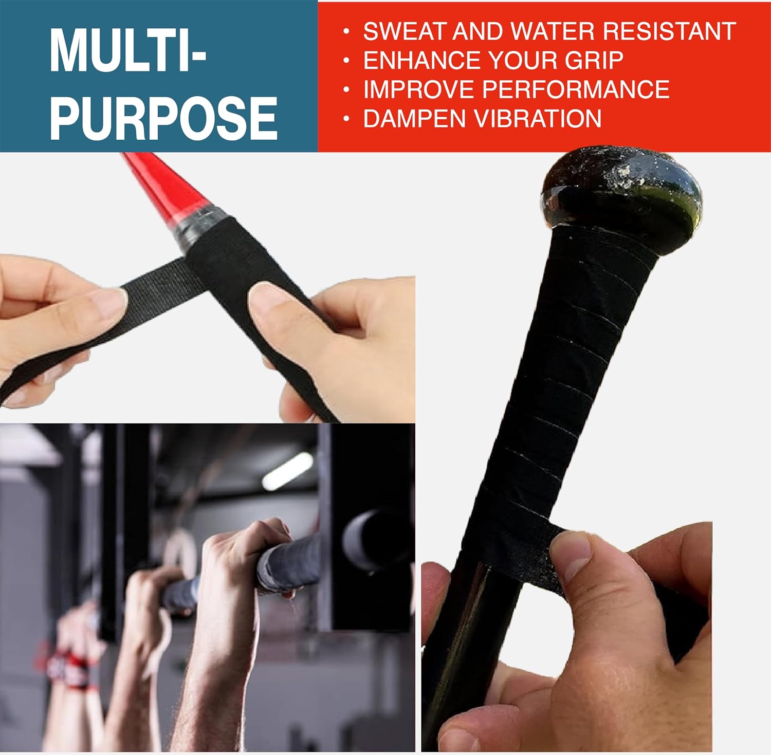 2 Pk Grip Tape - Cloth Grip Tape for Pull Up Bars, Sports, Tools, Handles, Bats, Rackets, Gym Equipment, Wire Wrap - No Residue, Sweat Resistant, 1 Inch x 66 Feet Each Roll - Black - Image 5