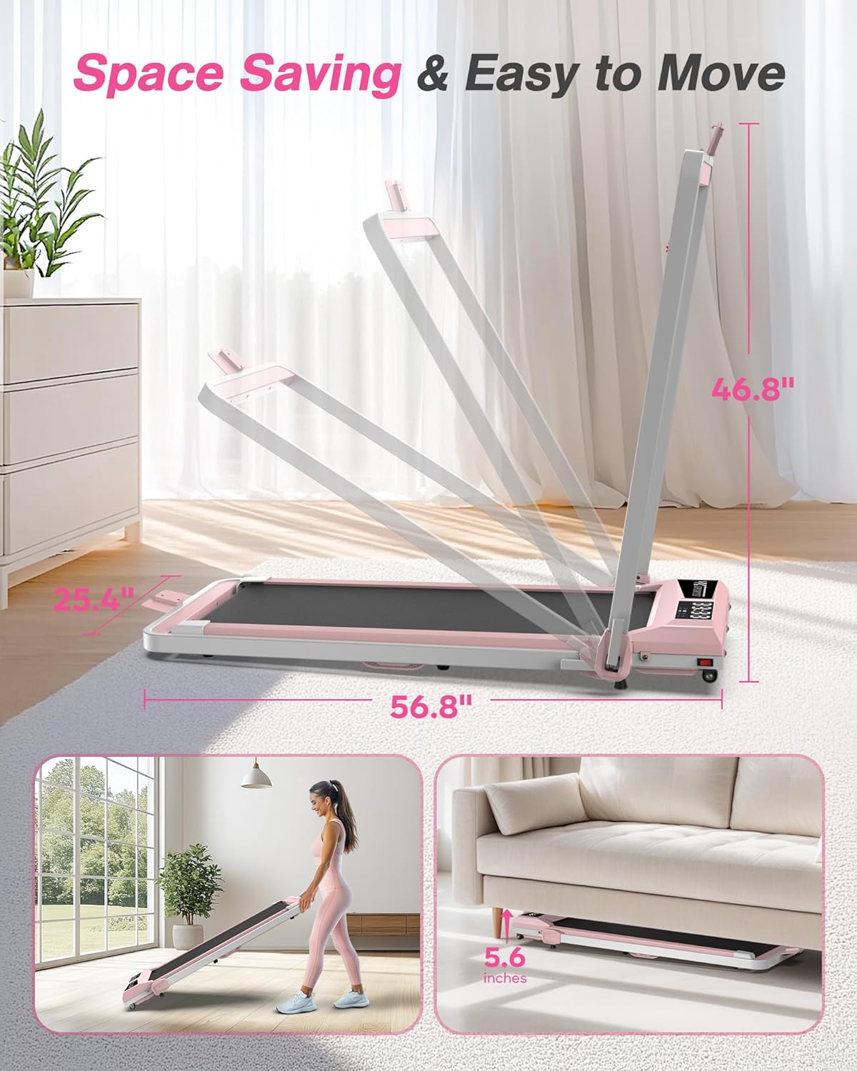 WELLFIT Foldable Treadmill with Incline, 350 LBS Capacity Walking Pad with Handle Bar, Portable Walking Pad Treadmills for Home, Under Desk Treadmill with App & Remote Control, Wide Belt, LED Display - Image 6