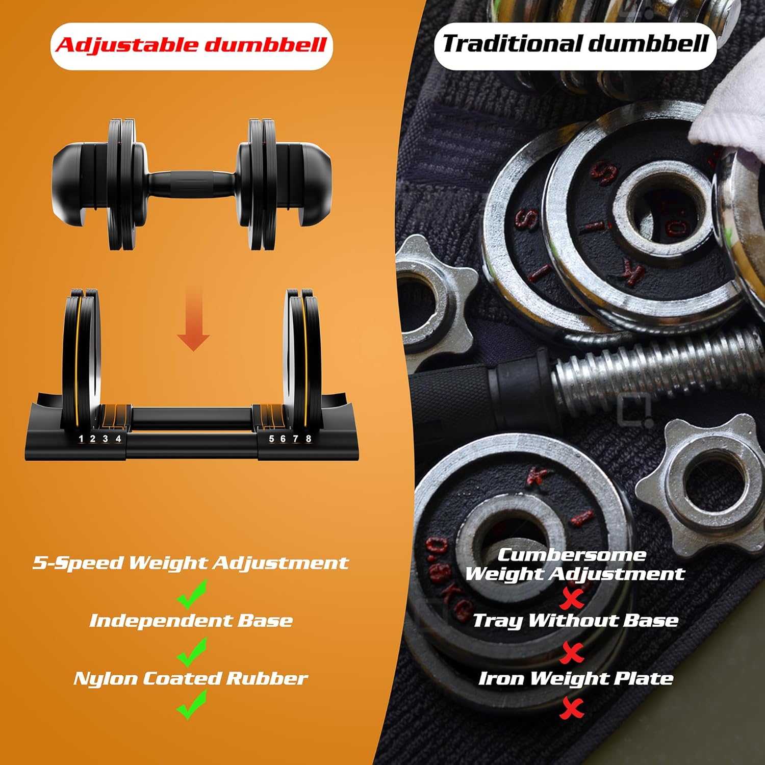 Adjustable Dumbbell,22LBS 44LBS 52LBS Dumbbell Set with Tray for Fitness, Fast Adjust Weight by Turning Anti-Slip Handle, Safety with 8 Lock Slots, Suitable for Men and Women - Image 7