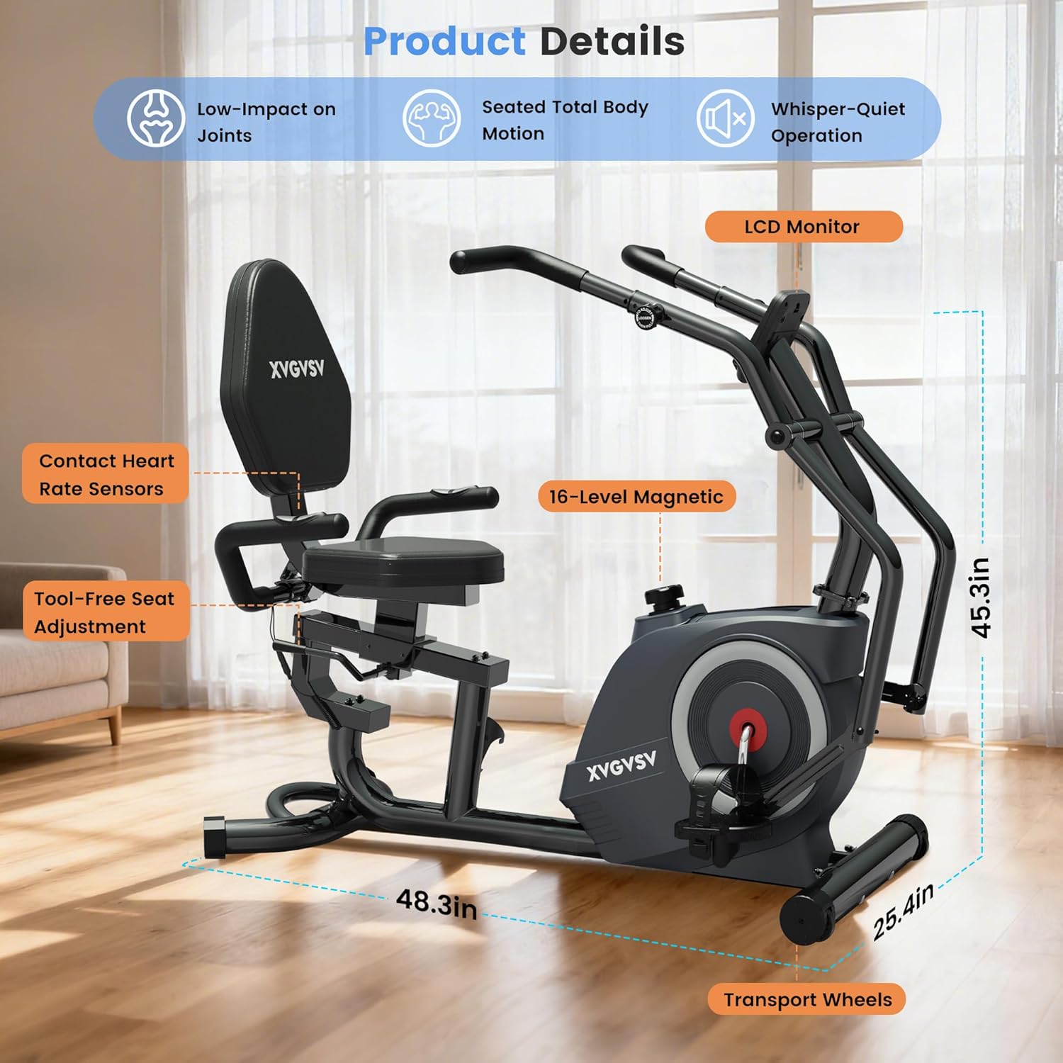 Recumbent Bike Cross Trainer & Elliptical Exercise Bike 2-in-1 for Home Use, with Arm/Leg Exercisers,Adjustable Seat with Backrest, 16 Levels, 400LB Capacity, Pulse Sensors & LCD Monitor - Image 7