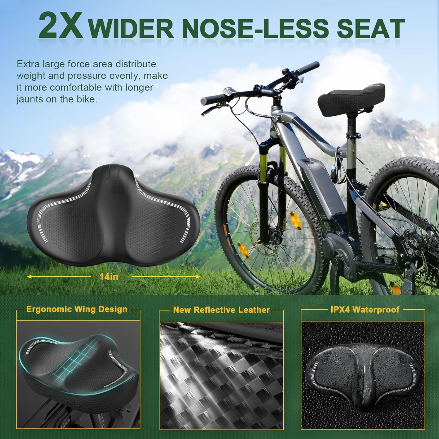 New Noseless Oversized Bike Seat, Extra Wide Comfort Pure Memory Foam Bicycle Seat Cushion, Compatible Saddle Replacement with Electric Bike, Exercise, Cruiser, Road Bike for Men & Women - Image 2