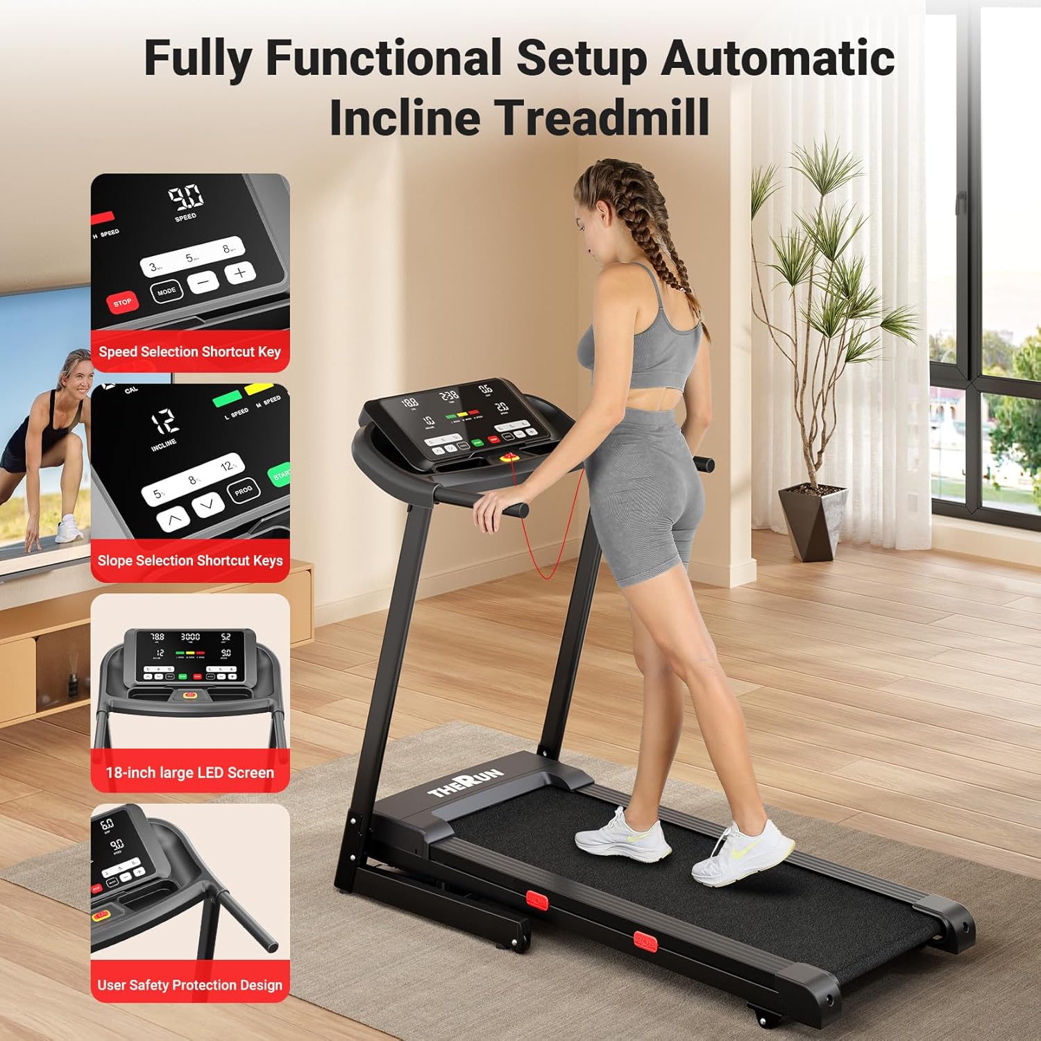 THERUN Incline Treadmill for Running and Walking, 300 lbs Weight Capacity, Wide Belt, 3.0 HP, 18" LED Screen, 2 Layers Shock-Absorbing - Image 7