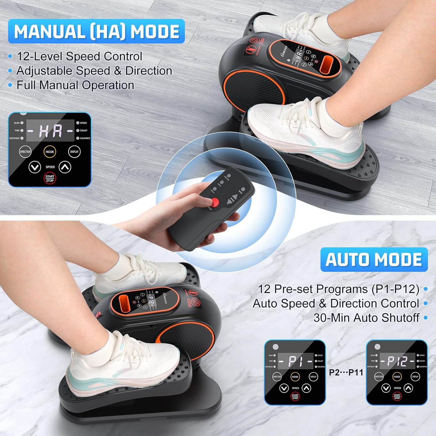ANCHEER Under Desk Elliptical, 24-in-1 (12 Auto & 12 Manual) Elliptical Machine with Wireless Remote&Dual-Direction, Quiet Compact Leg Exerciser for Home Office - Image 4
