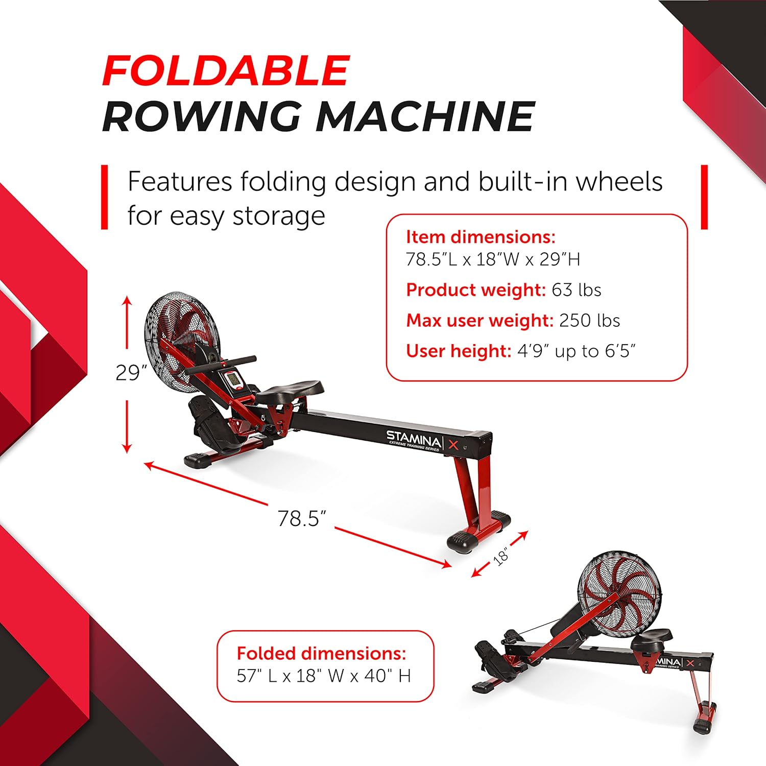 Stamina X Air Rower - Rower Machine with Smart Workout App - Rowing Machine with Air Resistance for Home Gym Fitness - Up to 250 lbs Weight Capacity - Black/Red - Image 5