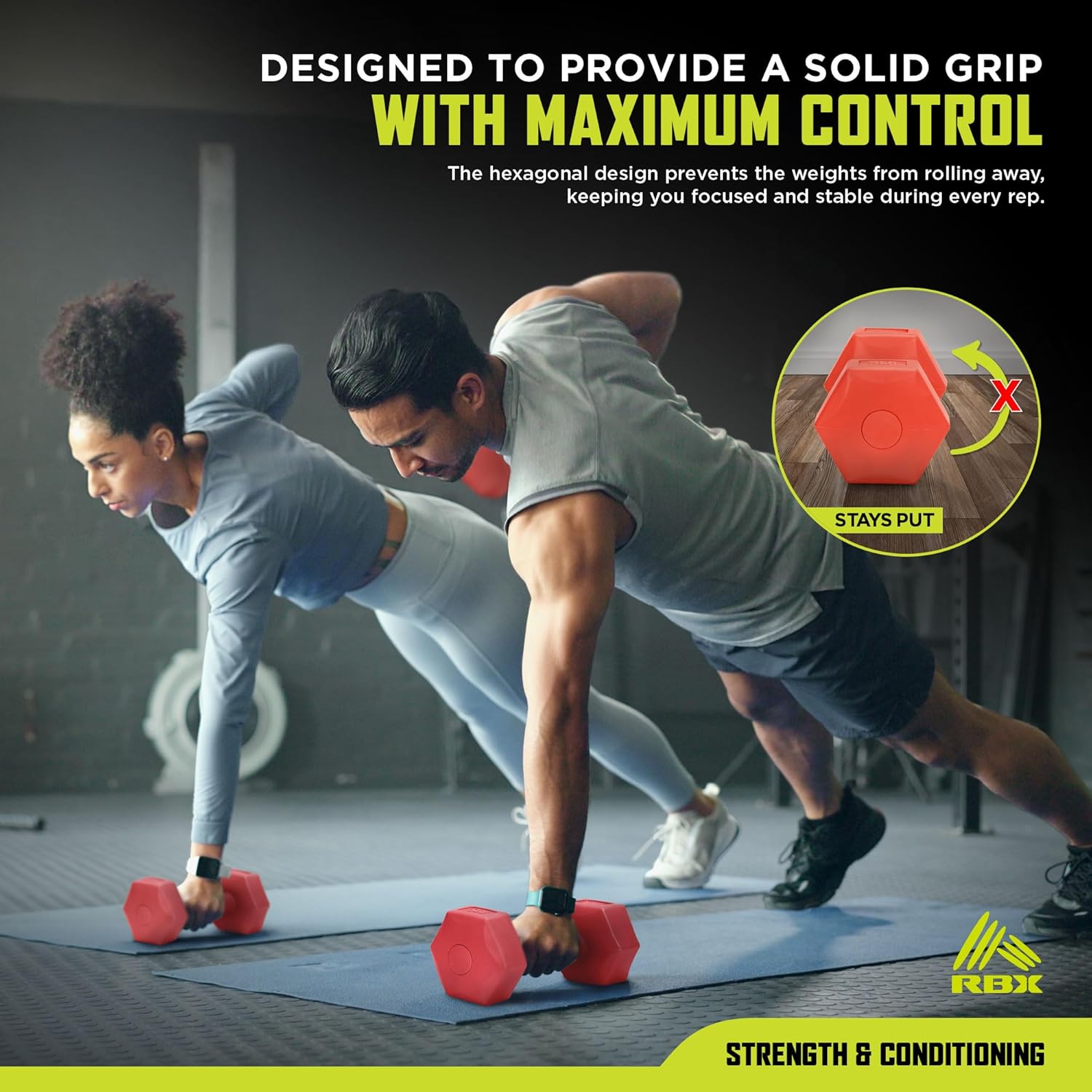 RBX Vinyl Coated Hand Weight Dumbbell Set - Hex Shaped, Roll Free for Body Building/Sculpting/Strength Training Exercise, (Set of 2) - Image 3