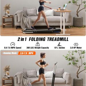 WELLFIT Walking Pad Treadmill with 10% Incline, Under Desk Treadmill for Home/Office, 2 in 1 Folding Treadmills with APP/Remote Control and LED Display, 0.6-7.6 MPH 360 lbs Capacity