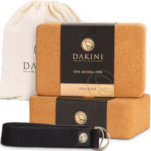 Cork Yoga Blocks 2 Pack with Strap- 9x6x3 Inch Natural Yoga Block Set of 2- Pilates Props and Accessories – High Density Cork Bricks For Exercise