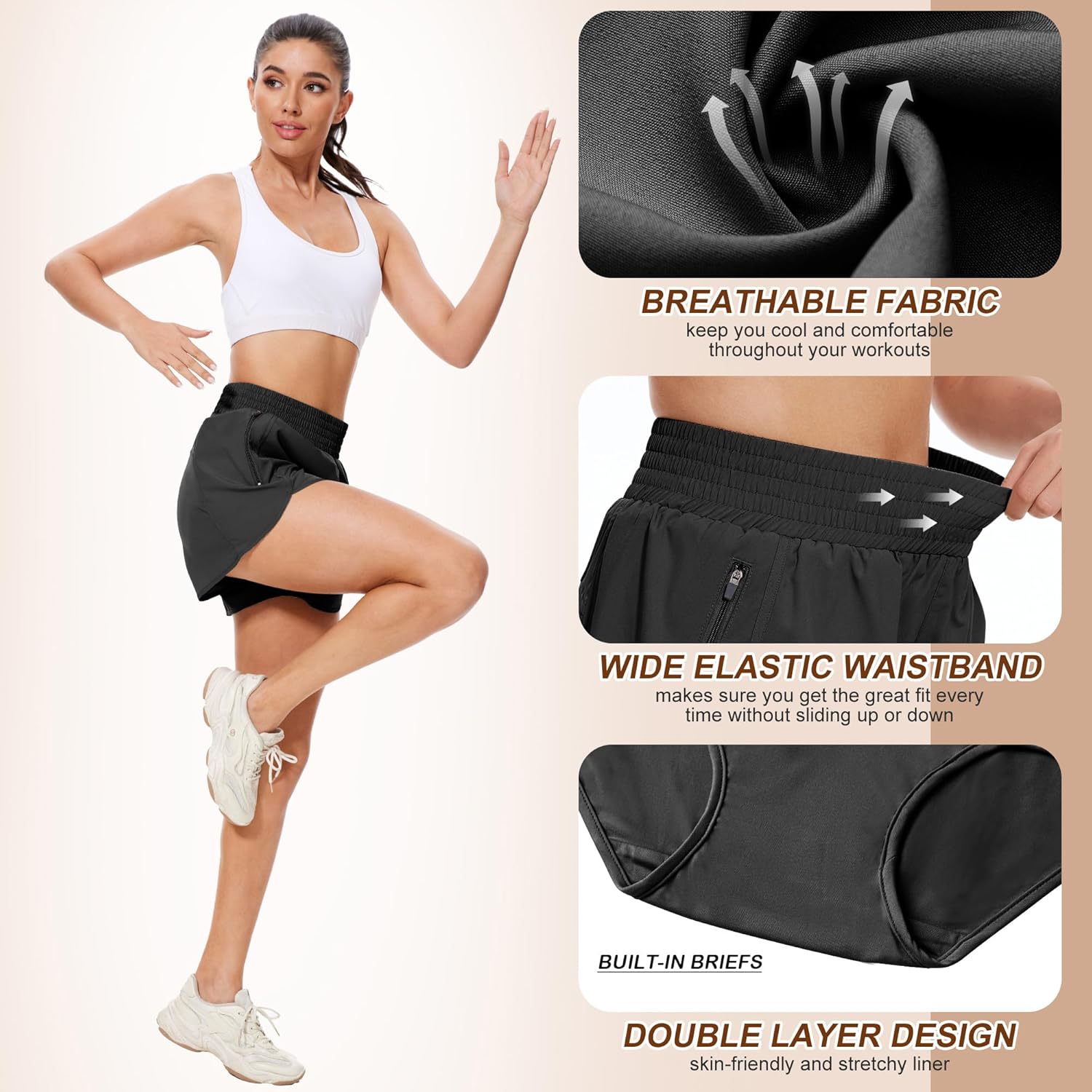 BALENNZ Women's Athletic Workout Shorts with Zipper Pockets Activewear Elastic Waist Gym Running Shorts - Image 2