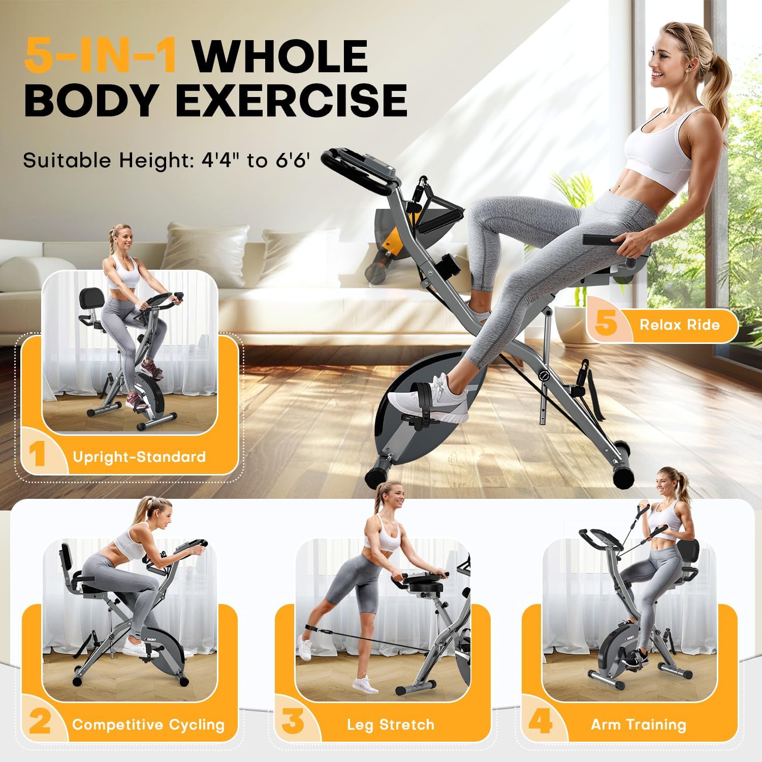 Exercise Bike, MOSUNY 5-in-1 Stationary Bike With 10DB Super-Silent, Folding Exercise Bike with 16-Level Adjustable Magnetic Resistance, 350 LBS Indoor Cycling Bike For Home Workout - Image 2