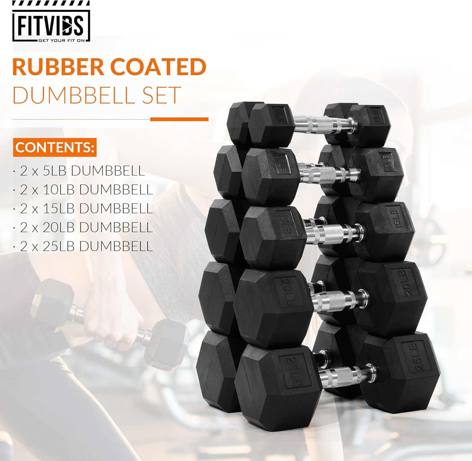 Rubber Encased Hex Dumbbell Set Contoured Handle for Muscle Toning, Strength Building & Full Body Workout, 60LB, 100LB and 150LB Set - Image 2