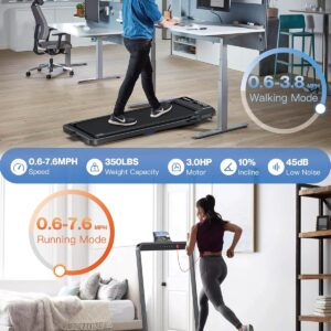 WELLFIT 10% Incline Walking Pad, 3HP 4MPH/7.6MPH 265/350 lb+ Capacity Treadmills for Home, Wide Running Area Treadmill with Mute Remote, APP and Console Control for Small Space, No Assemble