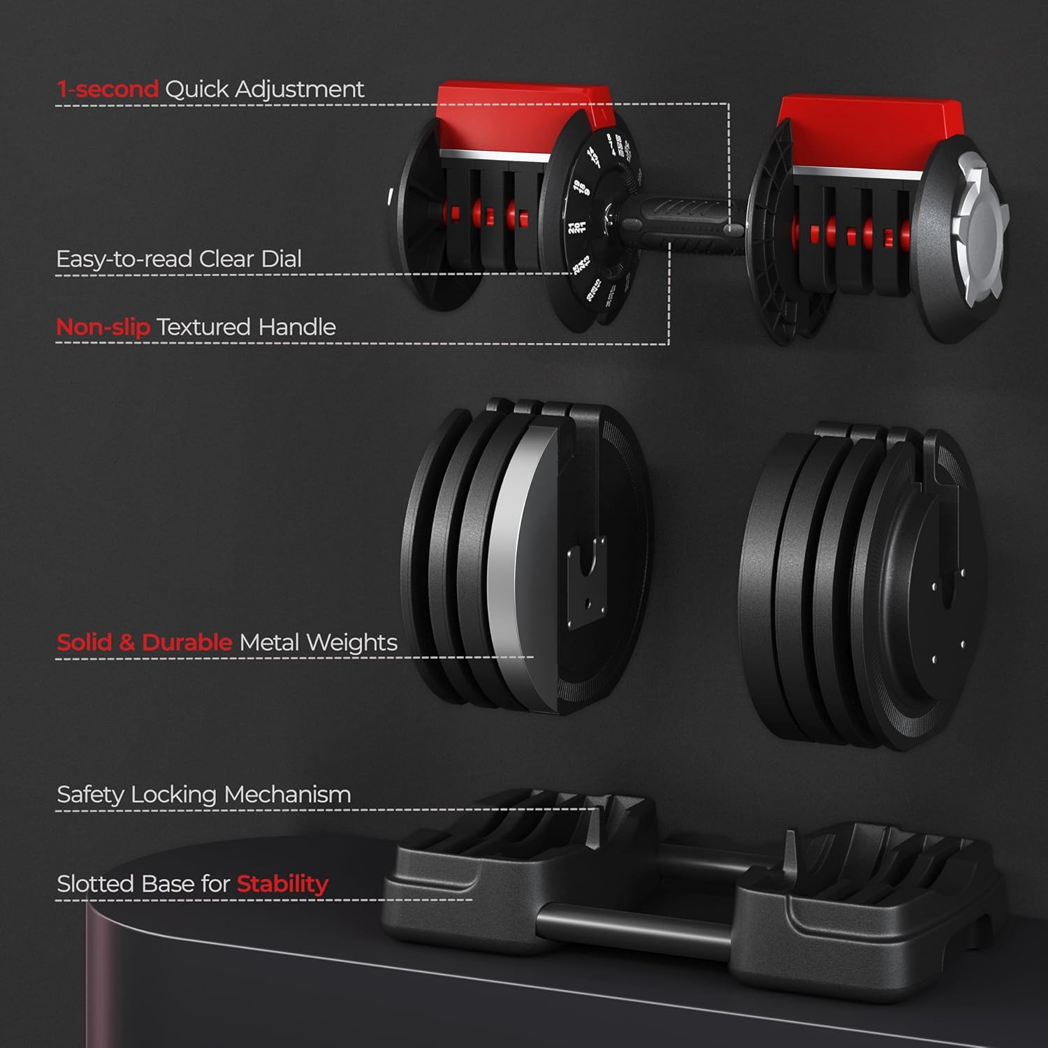 Yaheetech Adjustable Dumbbell Set Free Weight Dumbbells 52.5lbs Fast Adjust Dumbbells 3 in 1 Dumbbell Weight Set Used as Barbell, Kettlebells, with Tray, for Men/Women Strength Training Equipment - Image 7