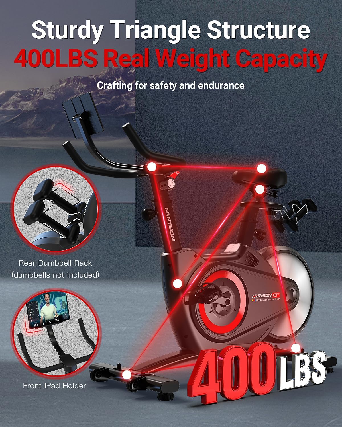 HARISON Semi-Commercial Exercise Bike 400 lbs Capacity, Magnetic Stationary Bikes for Home Gym with Bluetooth & Tablet Holder & Comfortable Seat Cushion - Image 6
