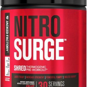Jacked Factory NITROSURGE Shred Pre Workout Supplement – Energy Booster, Instant Strength Gains, Sharp Focus, Powerful Pumps – Nitric Oxide Booster & PreWorkout Powder – 30Sv, Fruit Punch