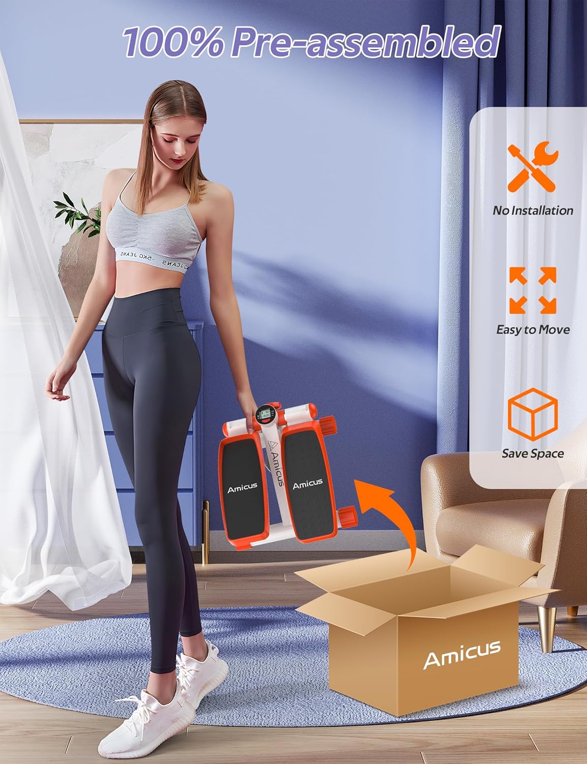 Amicus Mini Stepper for Exercise, Stair Stepper with Resistance Bands, Hydraulic Fitness Stepper Exerciser Machine for Home, 330lbs Weight Capacity, Orange White - Image 6