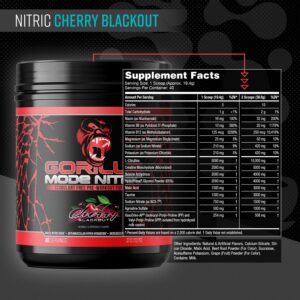 Gorilla Mode Nitric Upgraded Stimulant Free Pre-Workout – Best Tasting and Most Effective Stimulant Free Pre-Workout/Massive Pumps · Vasodilation · Power / 776 Grams (Cherry Blackout)