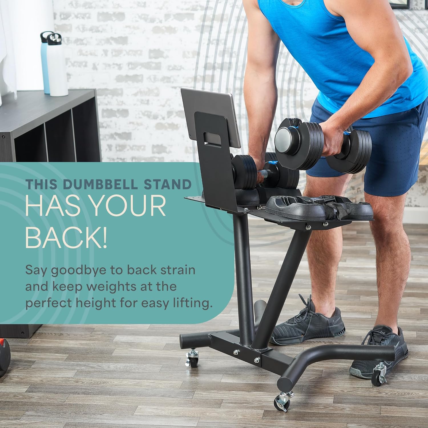 Lifepro Adjustable Dumbbell Stand with Wheels & Phone/Tablet Holder – Compatible with PowerFlow Plus, PowerUp Plus & Other Brands – Smart, Space-Saving Dumbbell Rack for Home Gym - Image 2