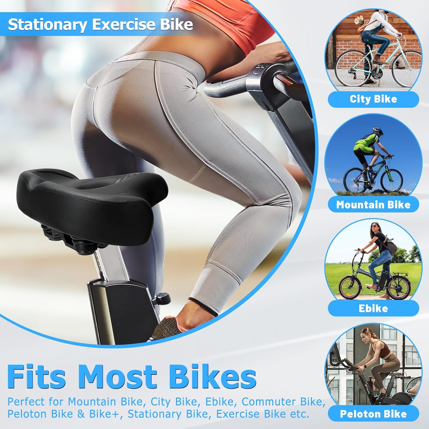 Oversized Bike Seat for Men & Women Comfort, Extra Wide Bicycle Seat Cushion, Comfortable Soft Padded, Large Replacement Saddle for Peloton, Stationary Exercise Bike, Cruiser, City Bike, Ebike - Image 2