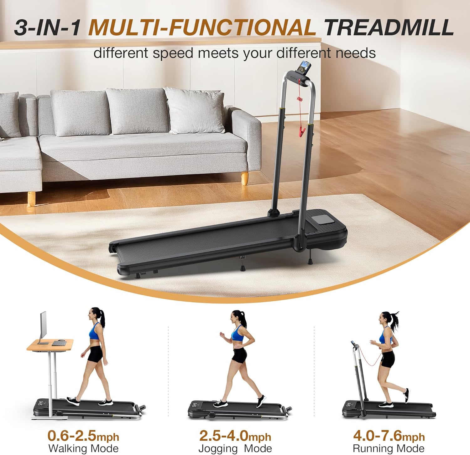 WELLFIT 10% Incline Foldable Walking Pad Treadmill with Handle Bar for Home, 360 LBS Capacity, 7.6MPH Max Speed,Wide Shock Absorbing Deck, 3.0HP Low Noise, for APP/Mute Remote - Image 8