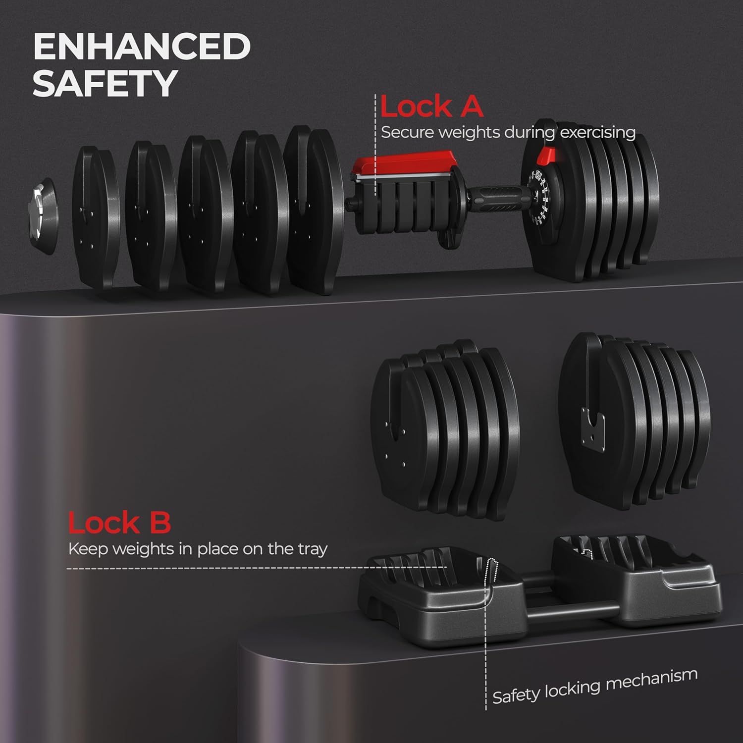 Yaheetech Adjustable Dumbbell Set Free Weight Dumbbells 40lbs/52.5lbs/90lbs Fast Adjust Dumbbells Dumbbell Weight Set, with Tray for Men/Women Strength Training Equipment - Image 6