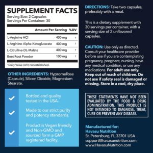 L-Arginine Capsules with L-Citrulline – Nitric Oxide Supplement – L Arginine and L Citrulline Blend – 60 Count – Vegan, Non-GMO Capsules for Performance, Endurance and Muscle Support – 1 Month Supply
