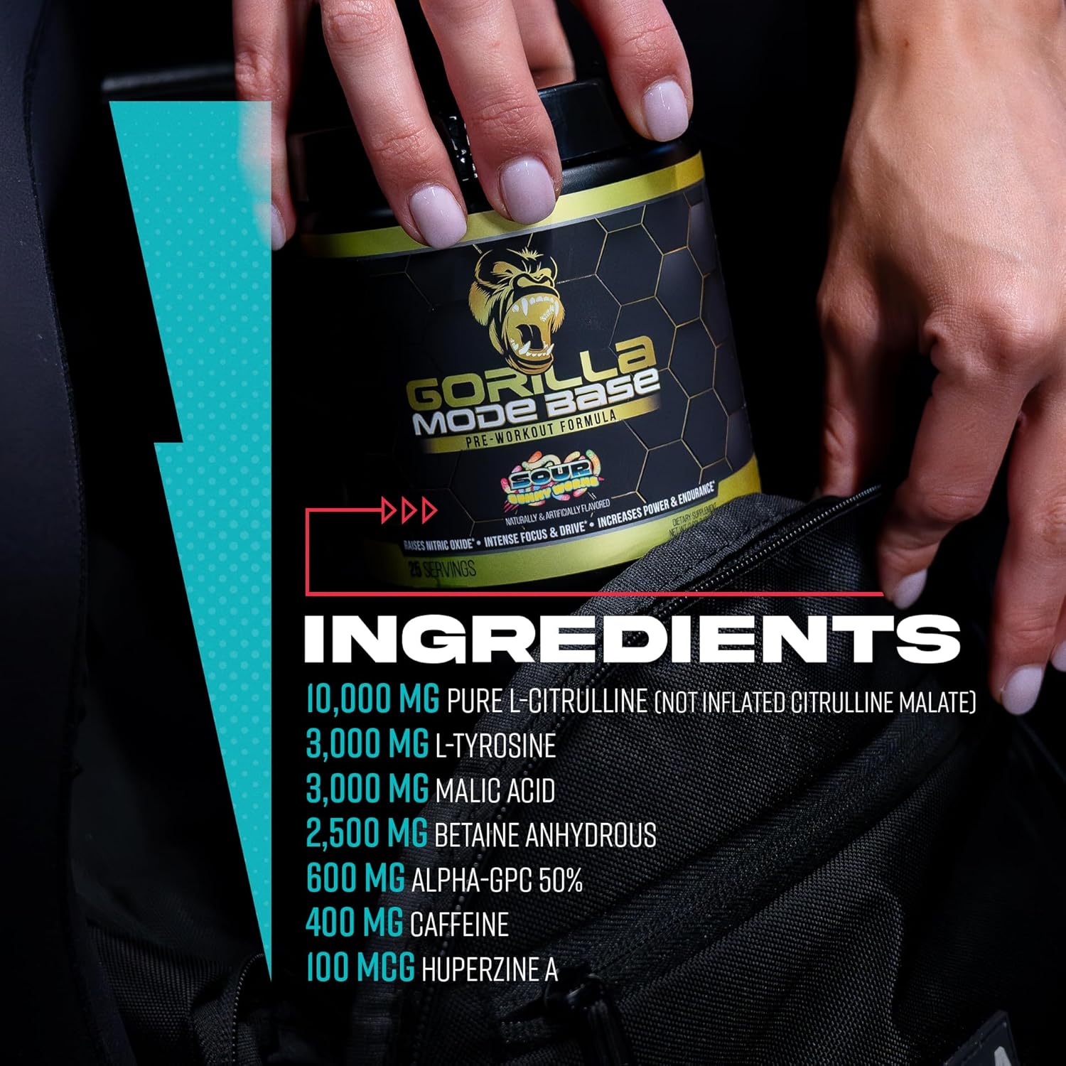 Gorilla Mind Base Pre Workout - Raises Nitric Oxide Intense Focus & Drive Endurance Power - L-Citrulline, L-Tyrosine, Betaine, Alpha-GPC, Caffeine, Huperzine A - 360 Grams (Watermelon) - Image 6