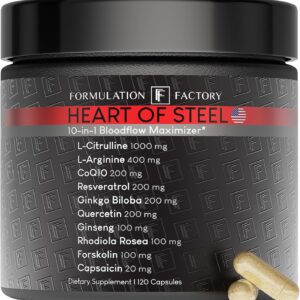 Formulation Factory Heart of Steel: 10-in-1 Metabolic Maximizer Nitric Oxide Supplement, Blood Pressure Support, L Arginine, L Citrulline Natural Pre-Workout: Energy Management 120 Count