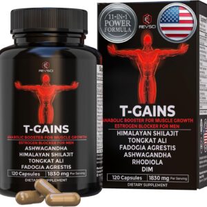Anabolic Booster & Muscle Builder, T-GAINS Testosterone Supplement for Men, TRT Test Booster & Estrogen Blocker, HGH Supplements for Men – Tongkat Ali Fadogia Agrestis for Muscle Growth, 120 Caps