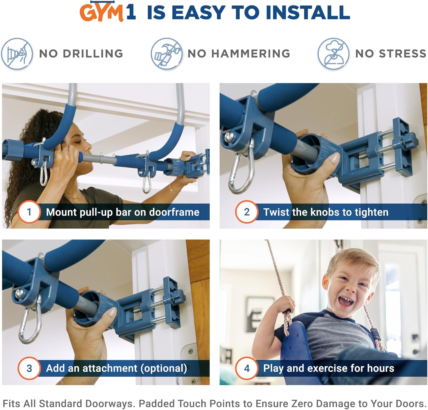 Gym1 Indoor Doorway Gym for Kids & Adults - 4-Piece, Blue - Swing Set with Sensory Swing, Pull Up Bar & Grip Rings, Agility Ladder - 300 lb Capacity - Image 3