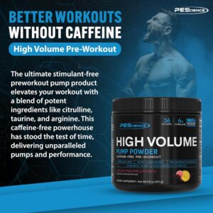 PEScience High Volume Stim-Free Pre Workout Pump Powder, Nitric Oxide Booster with L Citrulline & L Arginine Nitrate, Non-Stim Preworkout for Men and Women, 36 Scoops, Guava Pineapple Punch