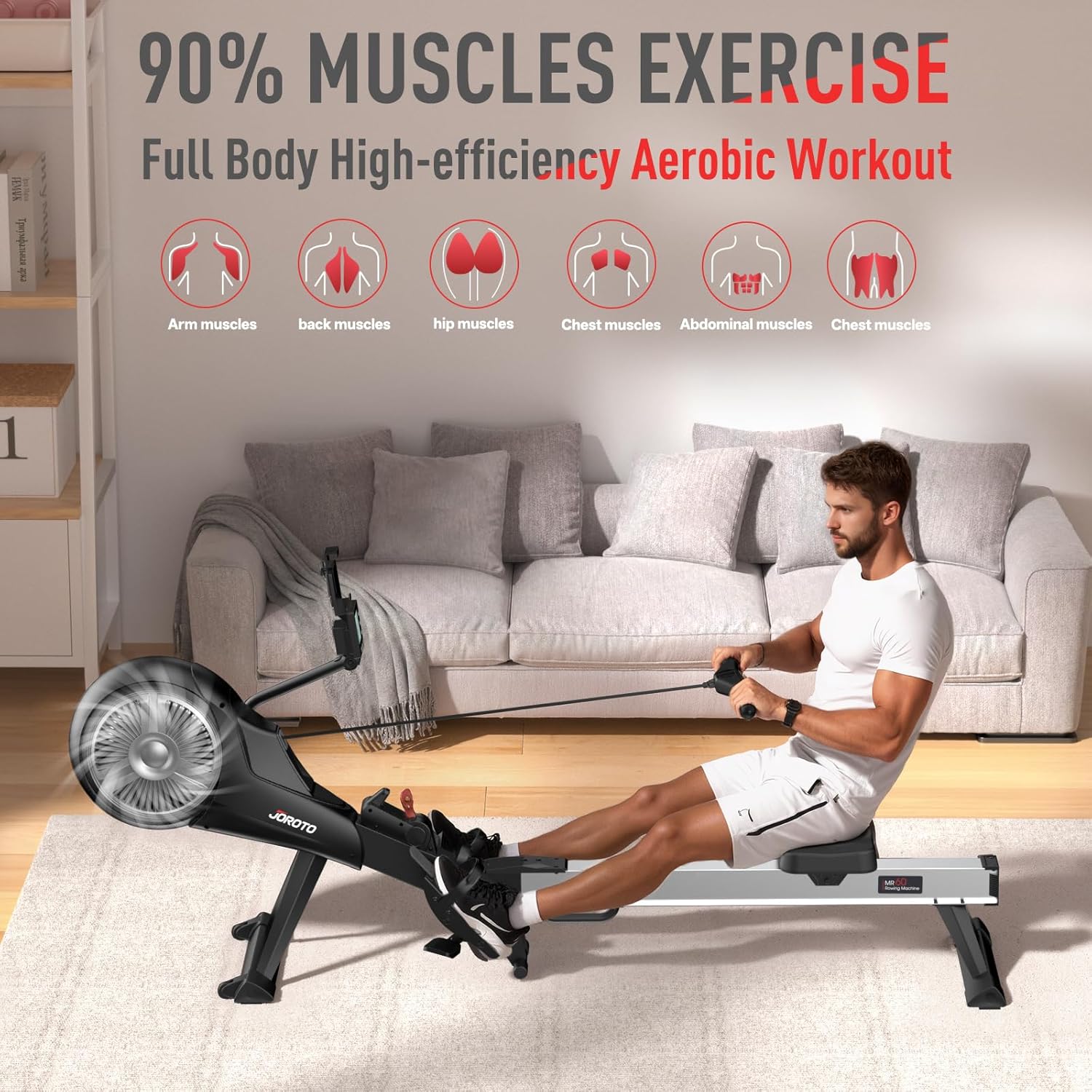 JOROTO Rowing Machines, Air Magnetic Rowing Machines for Home with Foldable,10 Levels Adjustable Resistance, Quiet Operation, Bluetooth App Compatible, Max 350lbs Weight Capacity, Black - Image 8